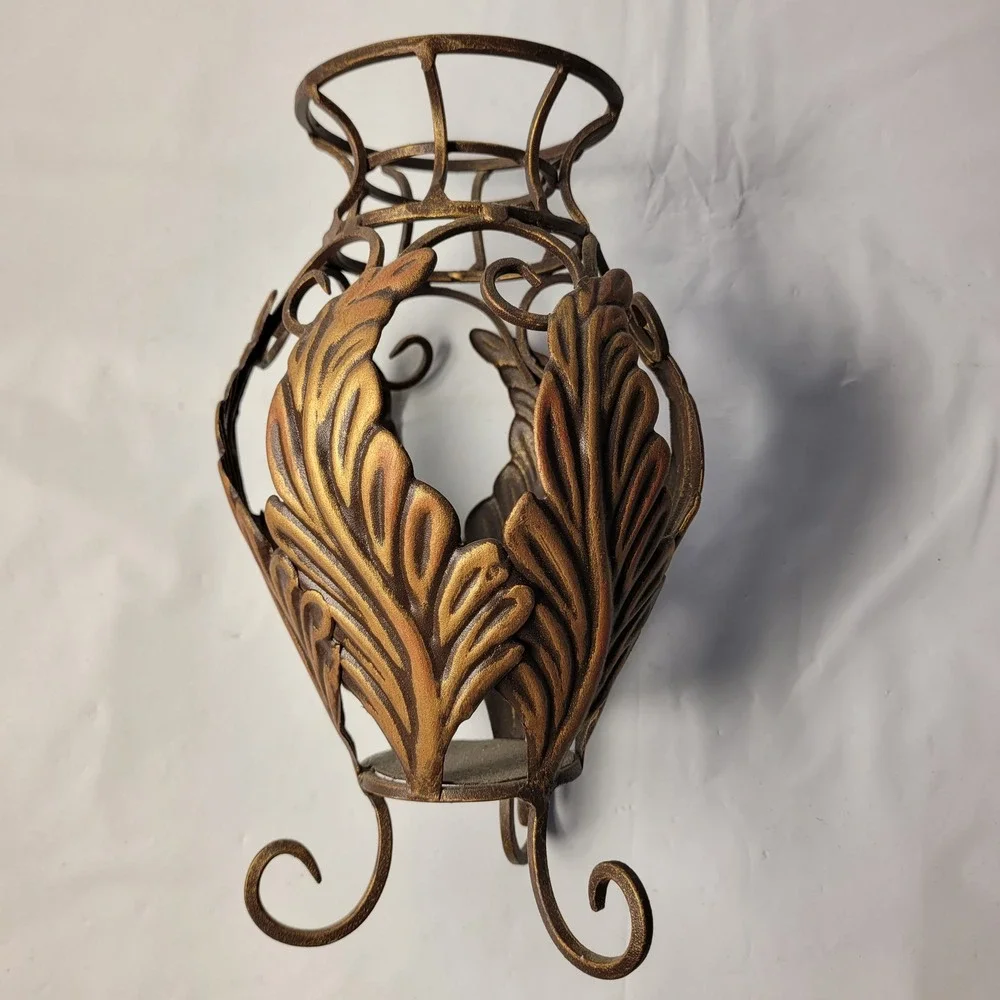 Metal Pillar Candle Holder‎ Bronze Look Steel Acanthus Leaf Scroll Footed 9in